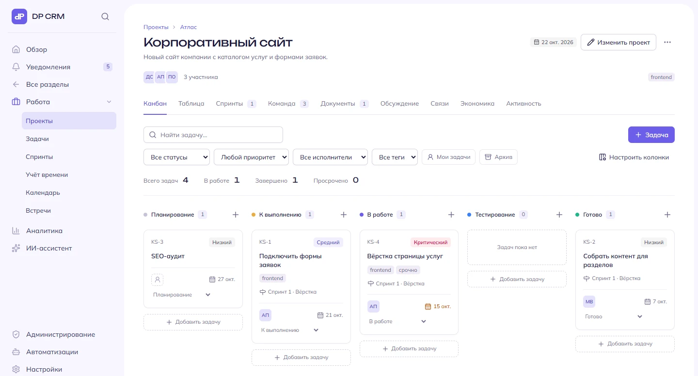 Проект в DP CRM: канбан задач по колонкам «Планирование», «К выполнению», «В работе», «Тестирование» и «Готово», вкладки спринтов, команды, документов и экономики